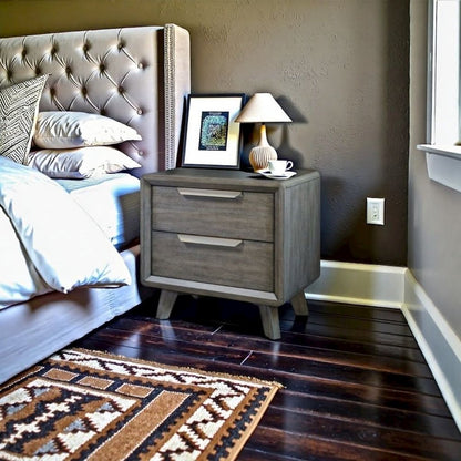 Dark Wood Two Drawer Nightstand with USB and Bronze Pulls on Block Feet