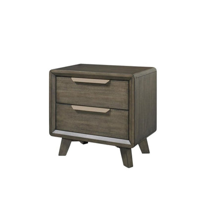 Dark Wood Two Drawer Nightstand with USB and Bronze Pulls on Block Feet