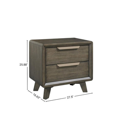 Dark Wood Two Drawer Nightstand with USB and Bronze Pulls on Block Feet