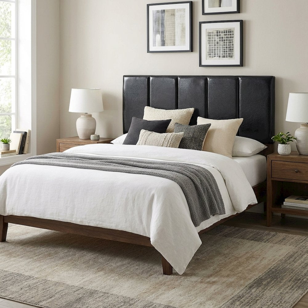 Black Upholstered Queen Headboard with Rubberwood Frame and Plush Padding