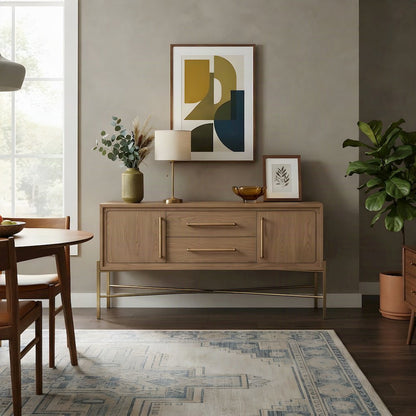 Elm Veneer Sideboard Buffet Cabinet with Metal Base, Transitional, Latte