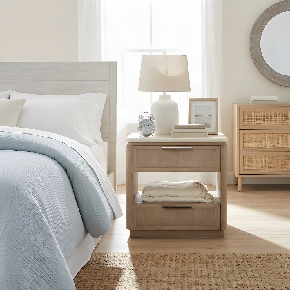 Veneer-Front Two-Drawer Nightstand, Transitional Bedside Table, Toffee