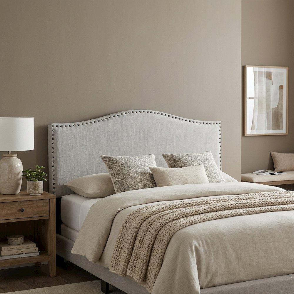 Off White Upholstered Queen Headboard, Solid Rubberwood Frame