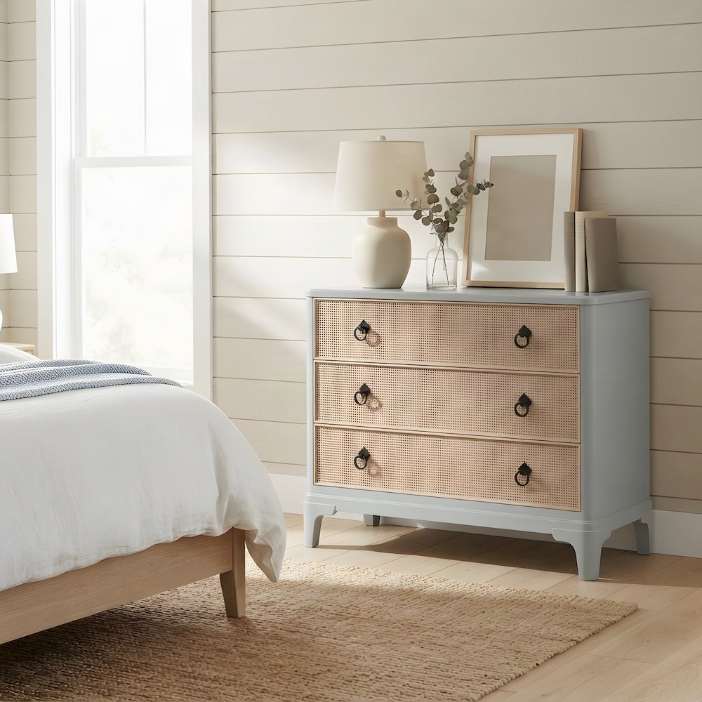 Rubberwood and Mindi Veneer Hall Chest, Transitional Coastal, Ocean