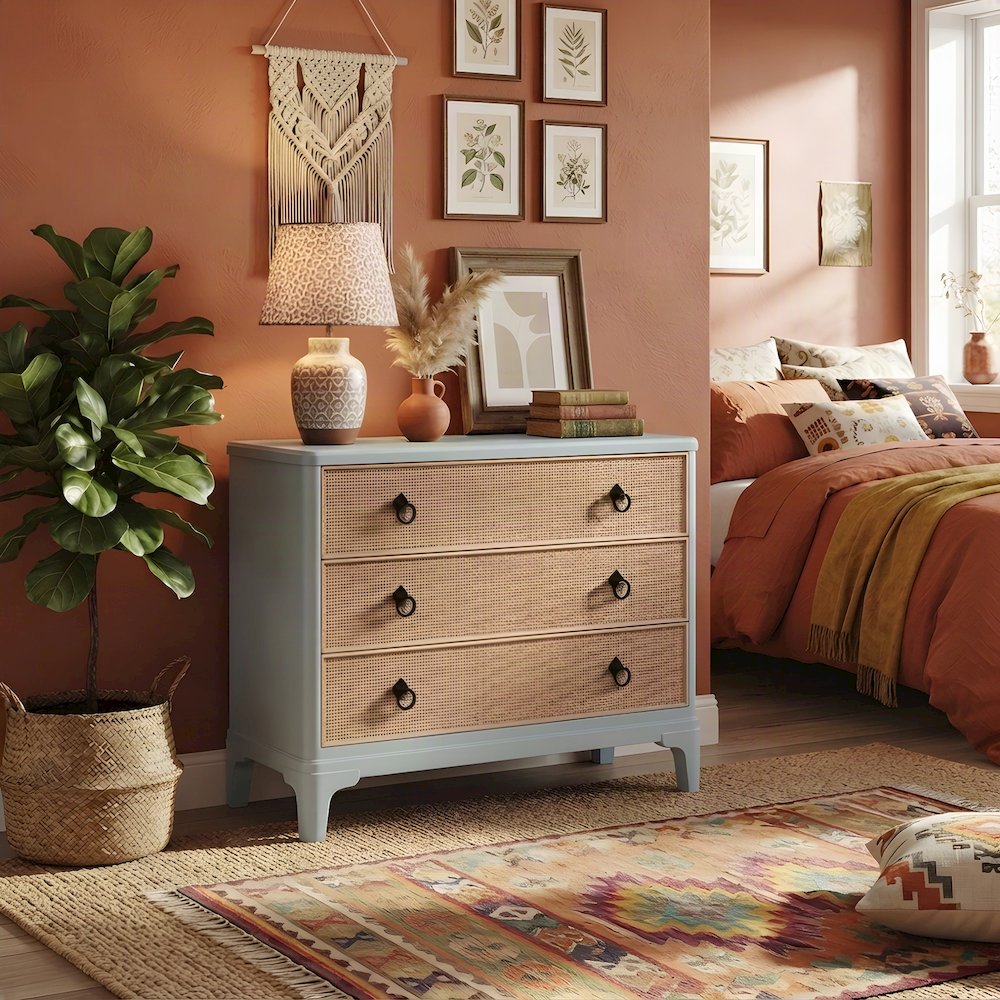 Rubberwood and Mindi Veneer Hall Chest, Transitional Coastal, Ocean