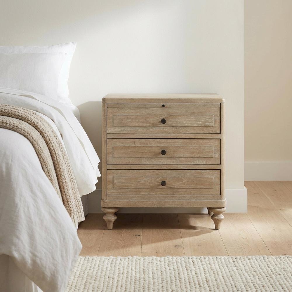 Sand-Colored Nightstand with 3 Drawers and Casual Transitional Style