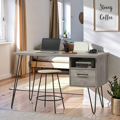 Gray Wood Desk with Storage – Computer Work Table with Drawer and Shelf