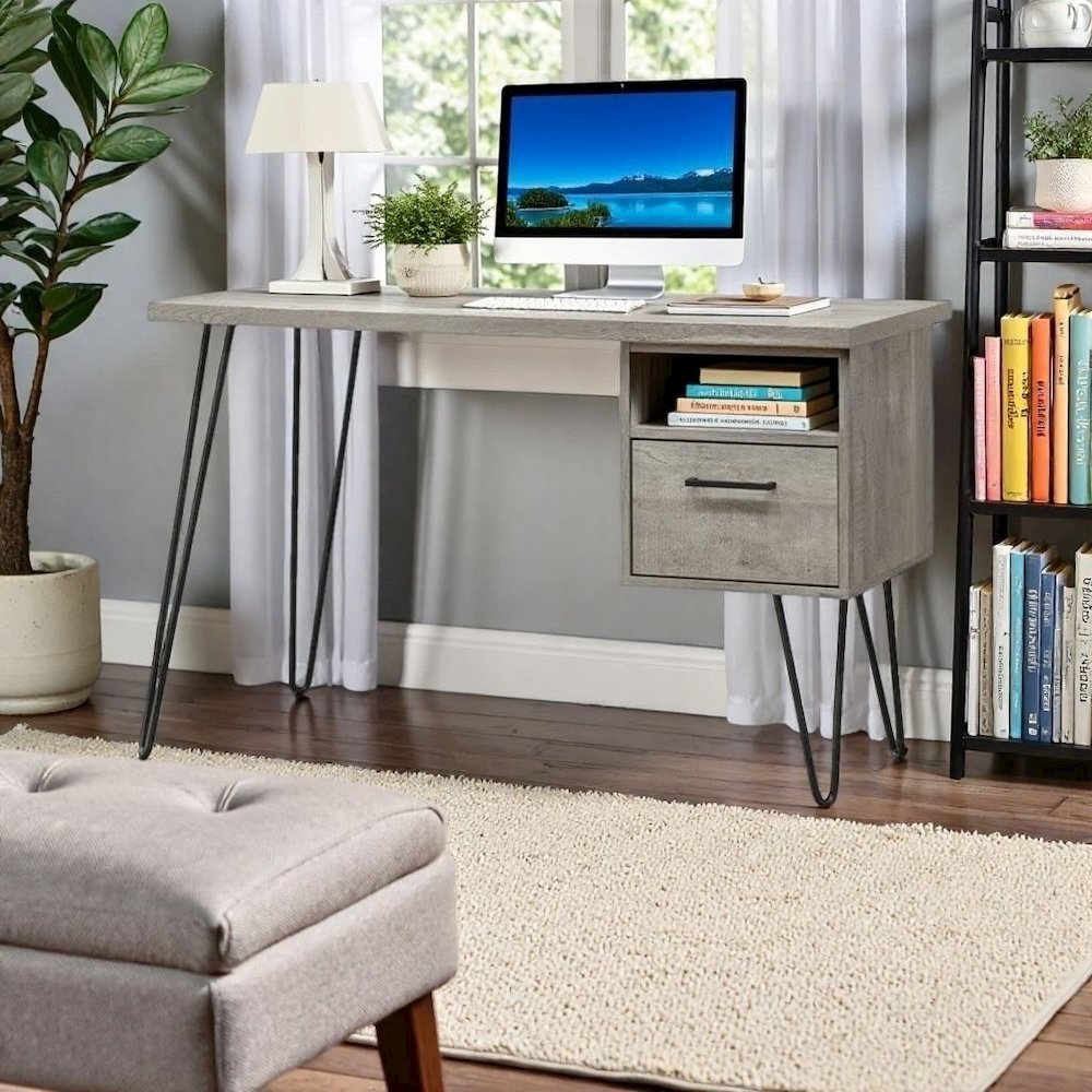 Gray Wood Desk with Storage – Computer Work Table with Drawer and Shelf