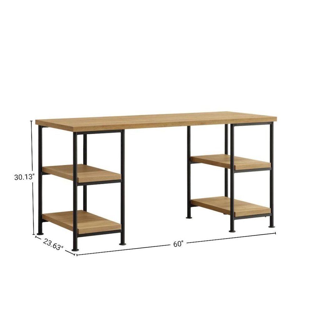 Golden Brown Wood Desk with Shelfs – Natural Oak Writing Table Design