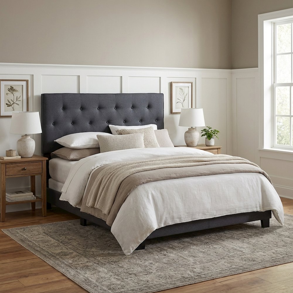 Black Upholstered Queen Headboard with Padded Design and Sturdy Frame