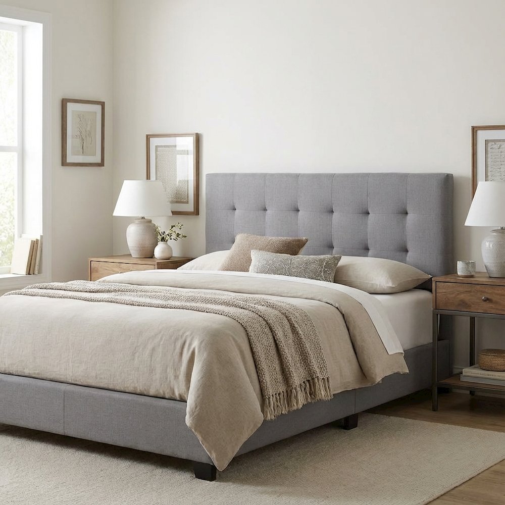 Gray Upholstered King Headboard with Rubberwood Frame and Stylish Design