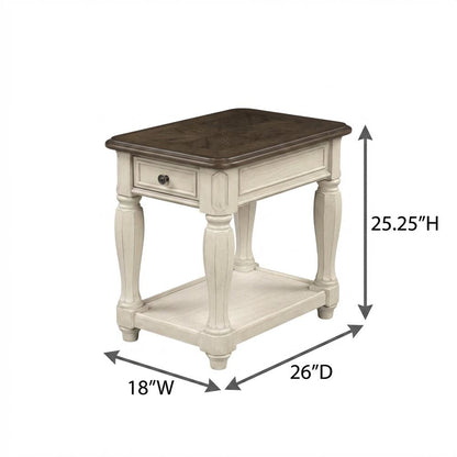 White Accent Table with 1 Drawer – Antique Bedroom Side Table in Cottage Style