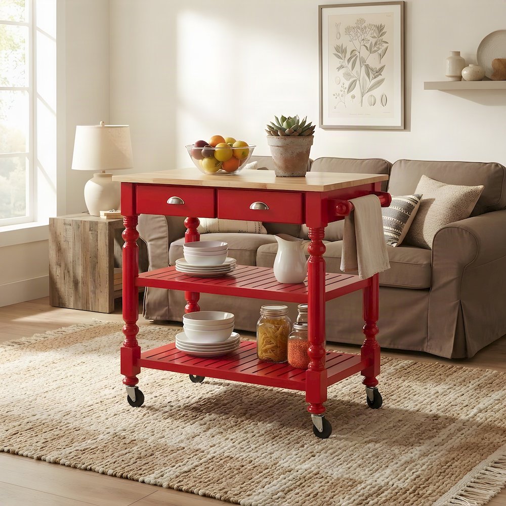 Solid Rubberwood Portable Kitchen Island Cart, Butcher Block Top, Cream