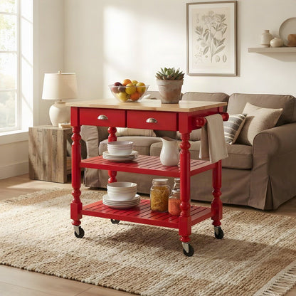 Solid Rubberwood Portable Kitchen Island Cart, Butcher Block Top, Cream