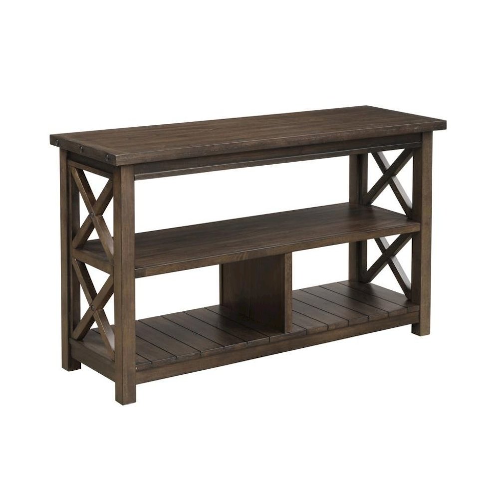 Rustic Brown Console Table with Shelves and Solid Wood X Brace Detail
