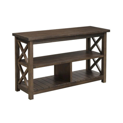 Rustic Brown Console Table with Shelves and Solid Wood X Brace Detail
