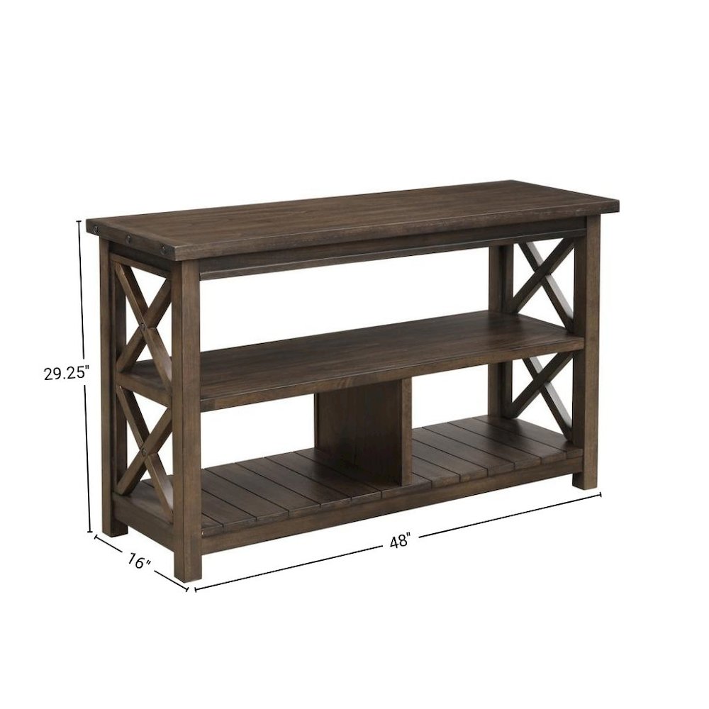 Rustic Brown Console Table with Shelves and Solid Wood X Brace Detail
