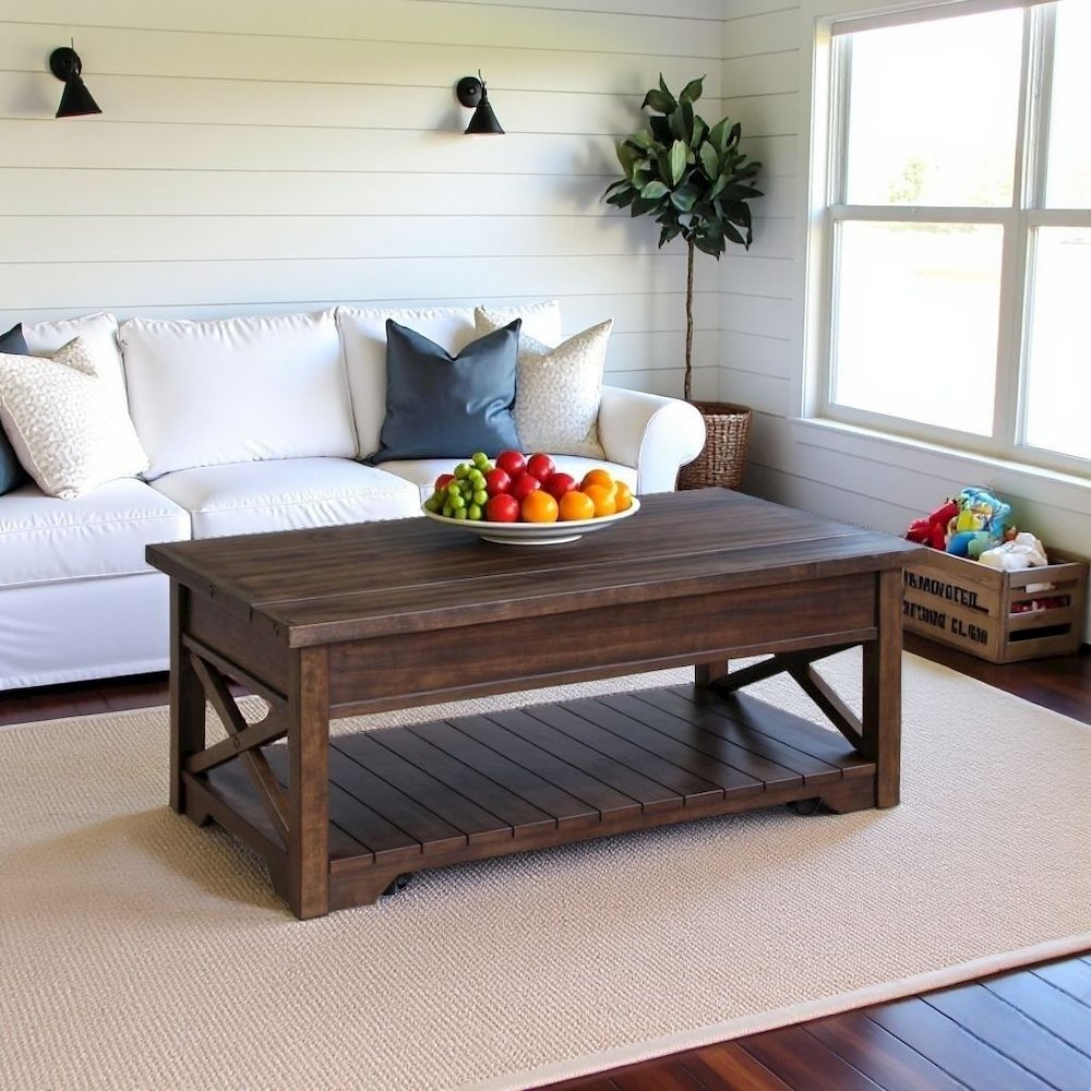 Walnut Lift Top Cocktail Table – Rustic Coffee Table with Storage Shelf