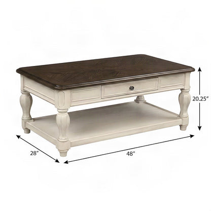 Modern Farmhouse Veneer and Rubberwood Solid Coffee Table, Drawer