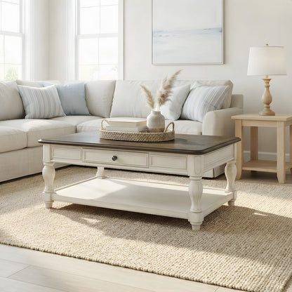Modern Farmhouse Veneer and Rubberwood Solid Coffee Table, Drawer