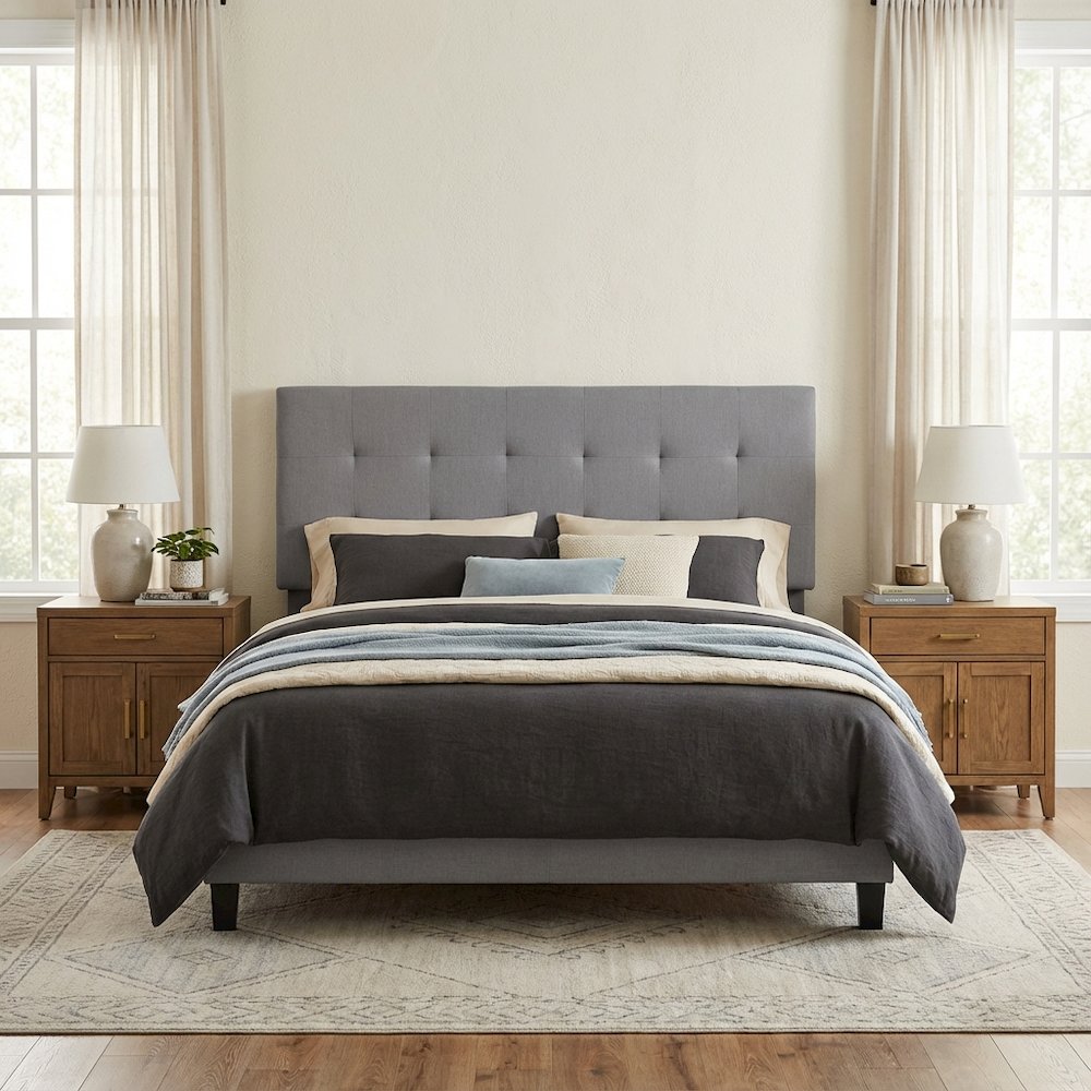 Gray Upholstered Queen Headboard with Rubberwood Frame and Padded Design