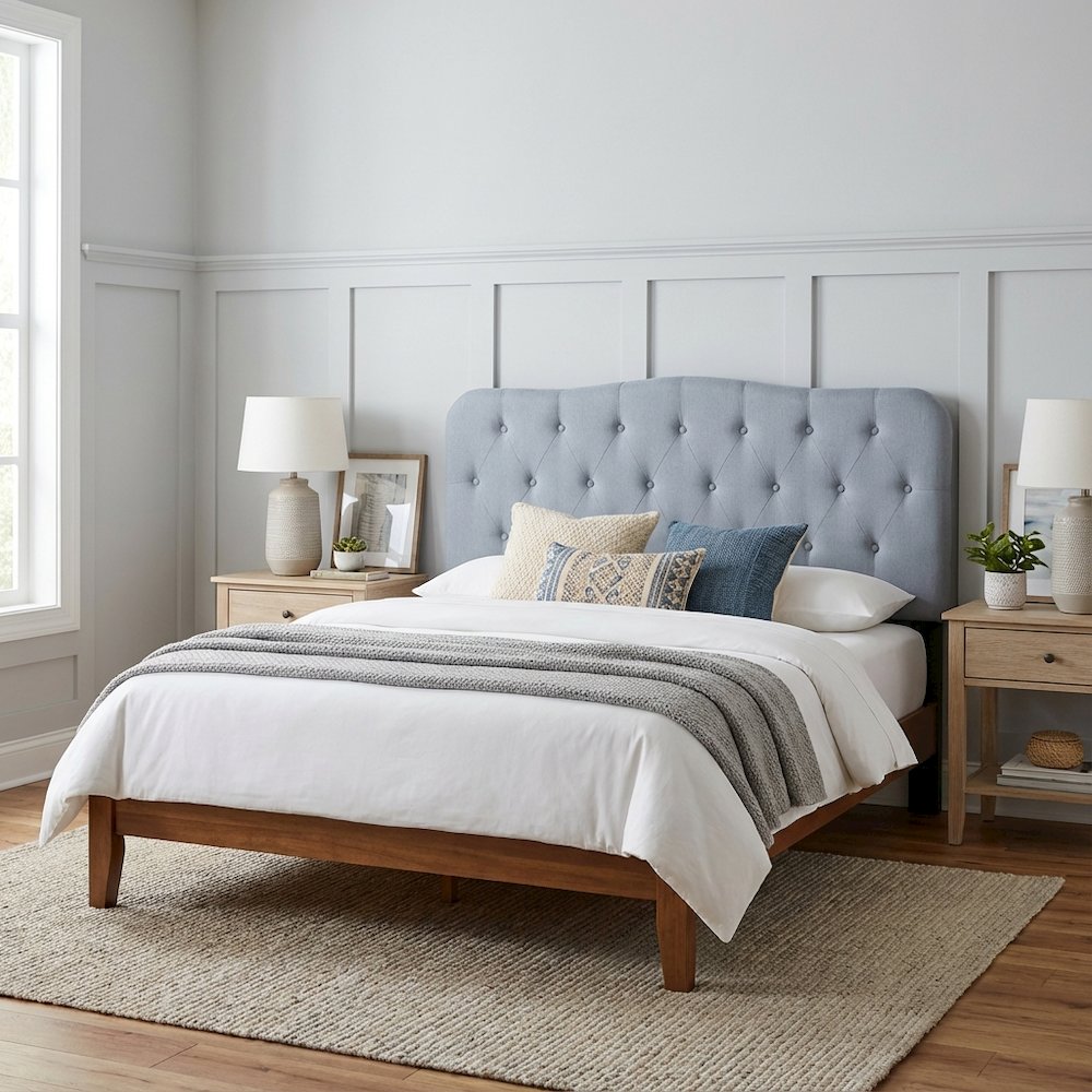 Light Blue Upholstered Queen Headboard, Solid Rubberwood Frame