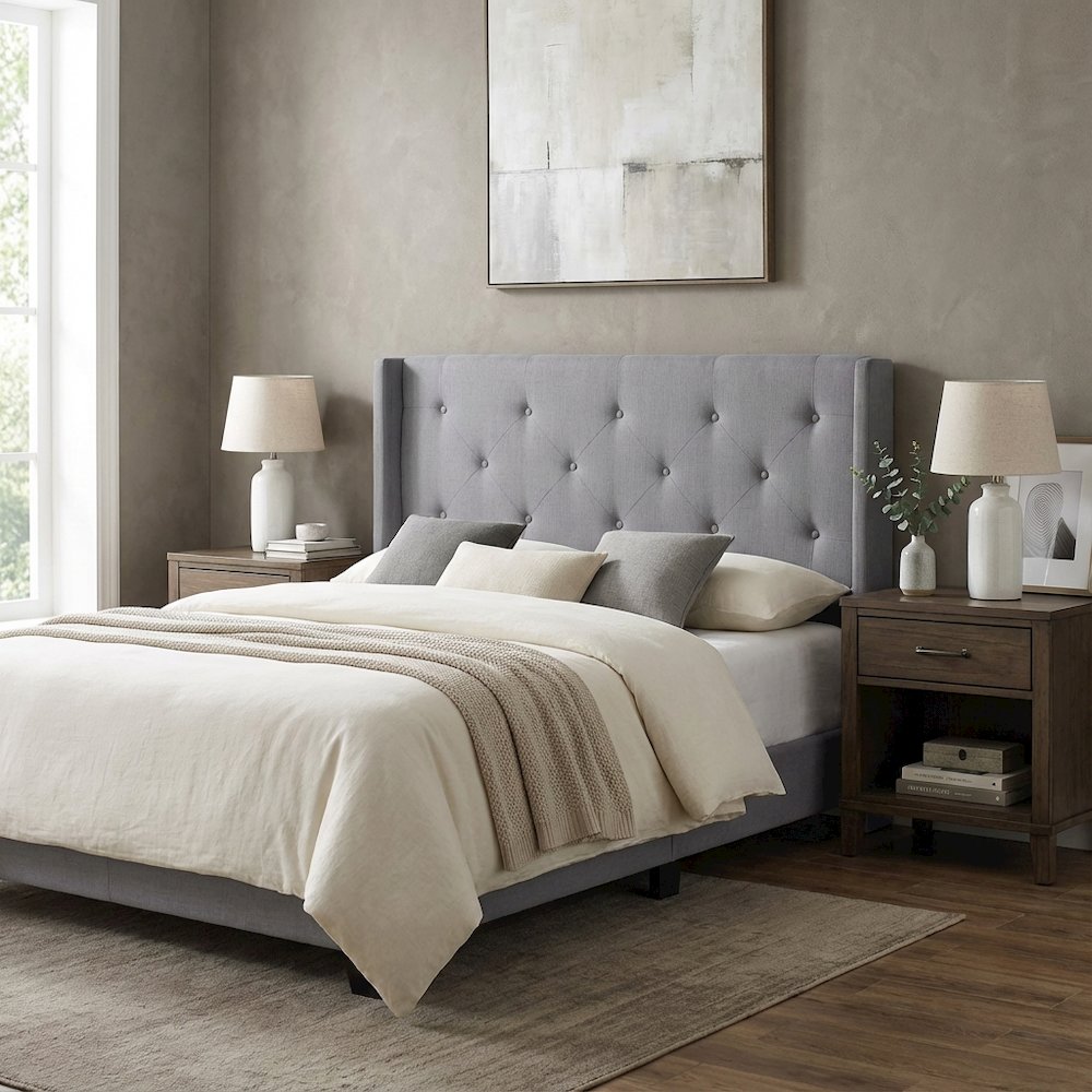 Gray Upholstered King Headboard with Rubberwood Frame and Padded Design