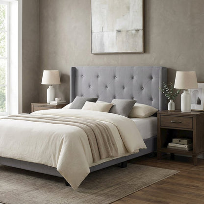 Gray Upholstered King Headboard with Rubberwood Frame and Padded Design