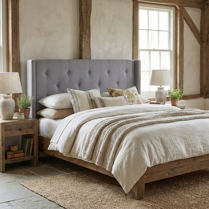 Gray Upholstered Queen Headboard with Solid Rubberwood Frame and Sturdy Design