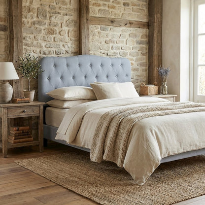 Light Blue Upholstered Queen Headboard, Solid Rubberwood Frame