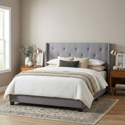 Gray Upholstered Queen Headboard with Solid Rubberwood Frame and Sturdy Design