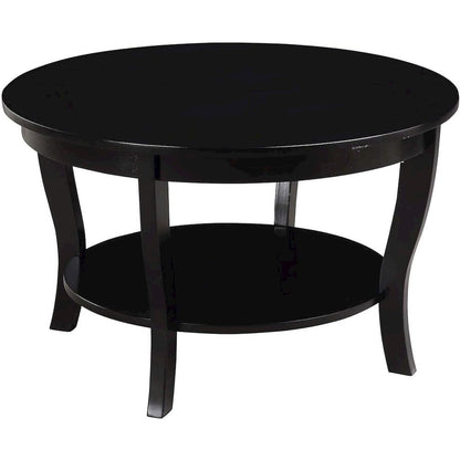 Elegant Black Round Coffee Table with Shelf, MDF Solid Rubberwood Material