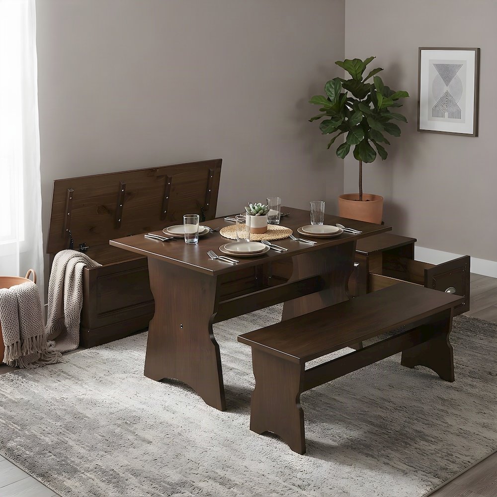 Pine Corner Bench Dining Nook with L-Shaped Banquette Storage, Brown