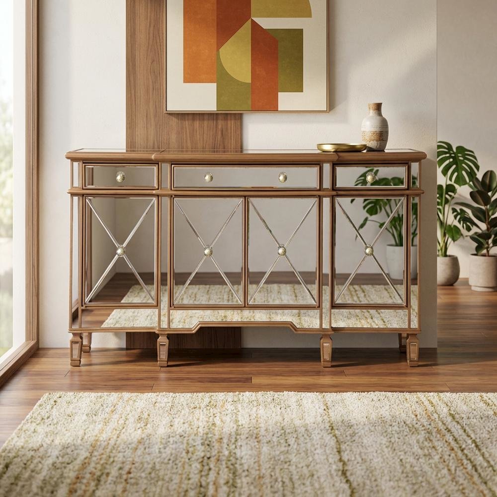 Gold Credenza with 3 Drawer and 4 Door Storage, Modern Design