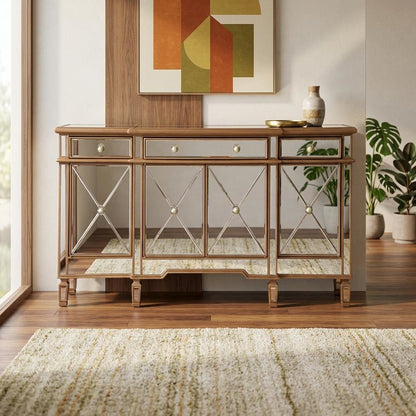 Gold Credenza with 3 Drawer and 4 Door Storage, Modern Design