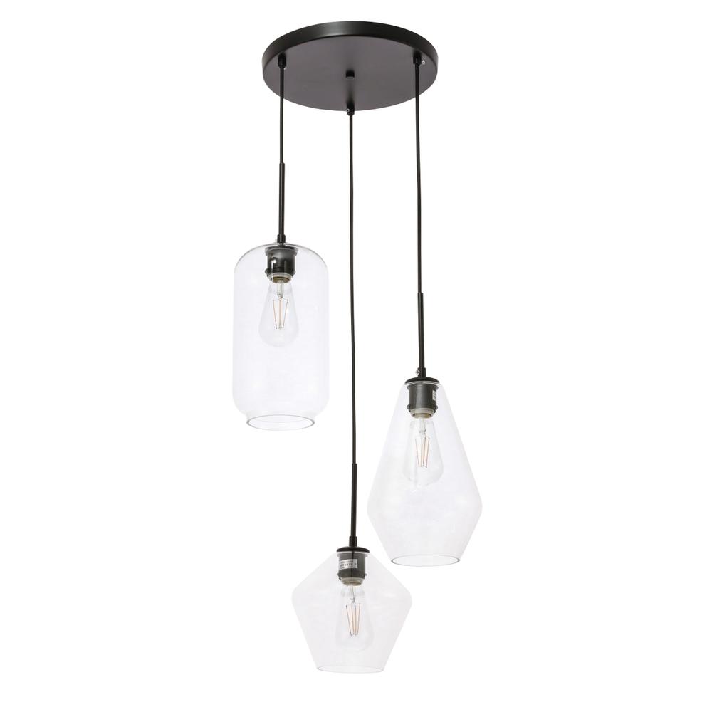 Gene 3 light Black and Clear glass pendant