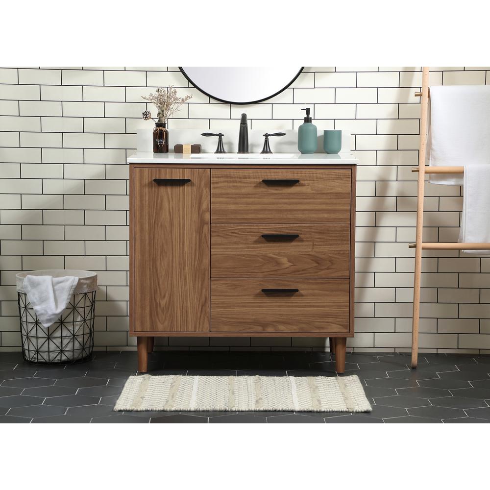 36 inch Single bathroom vanity in walnut brown with backsplash