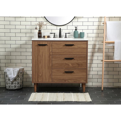 36 inch Single bathroom vanity in walnut brown with backsplash