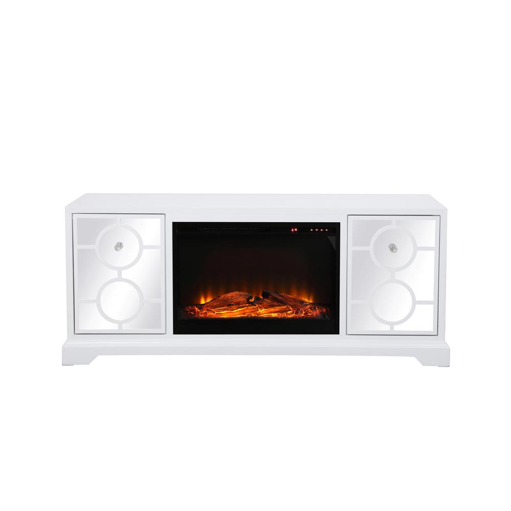 60 in. mirrored TV stand with wood fireplace insert in white