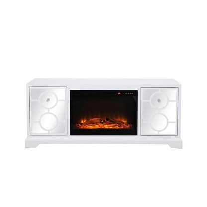 60 in. mirrored TV stand with wood fireplace insert in white