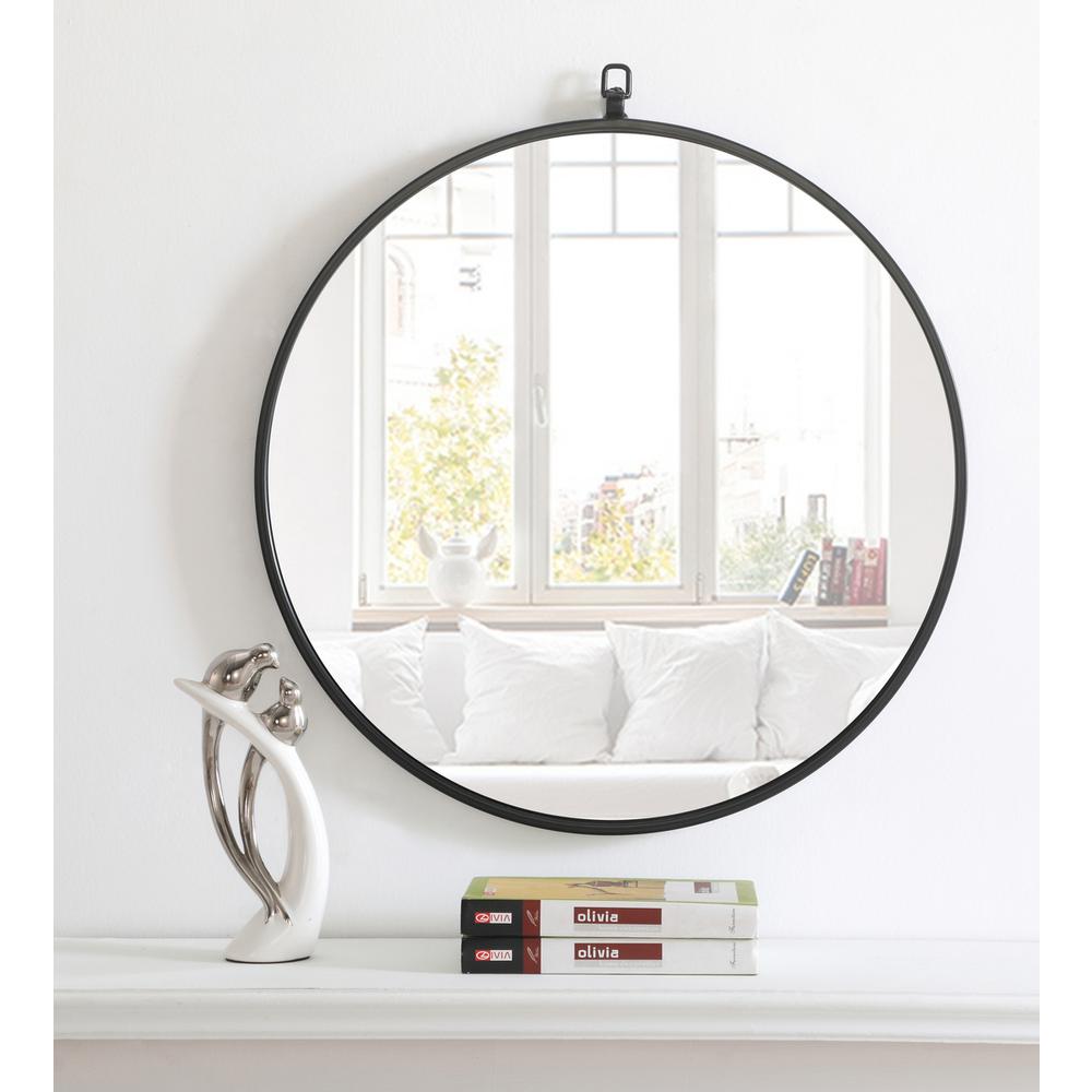 Metal frame Round Mirror with decorative hook 24 inch Black finish