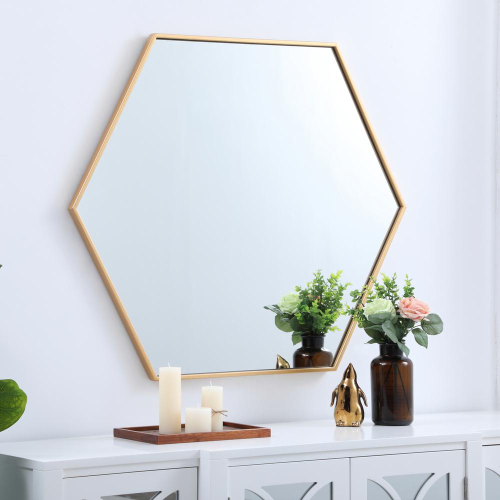 Metal frame hexagon mirror 38 inch in Brass