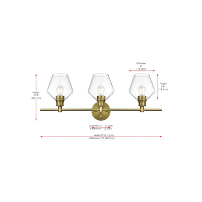 Gene 3 Light Satin Gold and Clear Glass Wall Sconce