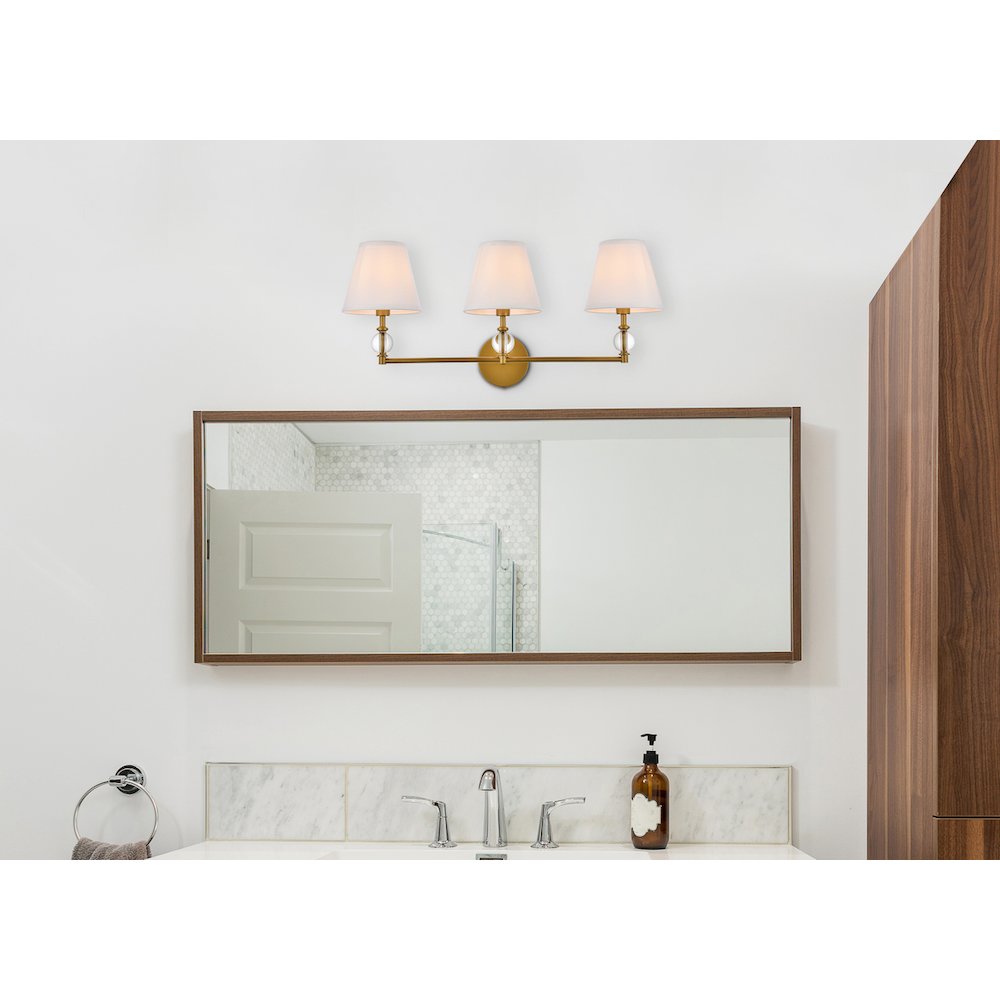 Bethany 3 lights bath sconce in brass with white fabric shade