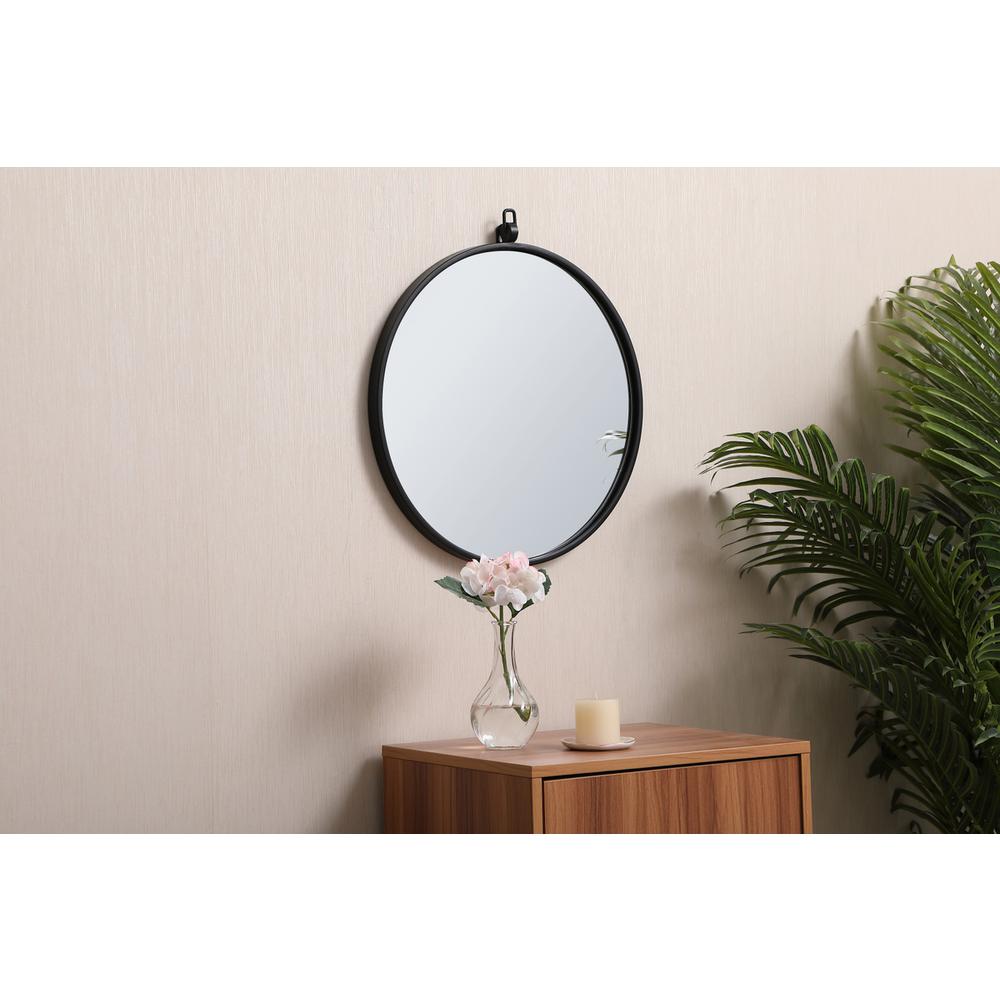 Metal frame round mirror with decorative hook 18 inch in Black