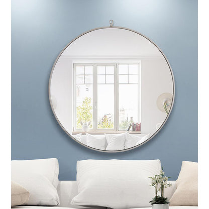 Metal frame Round Mirror with decorative hook 42 inch Silver finish