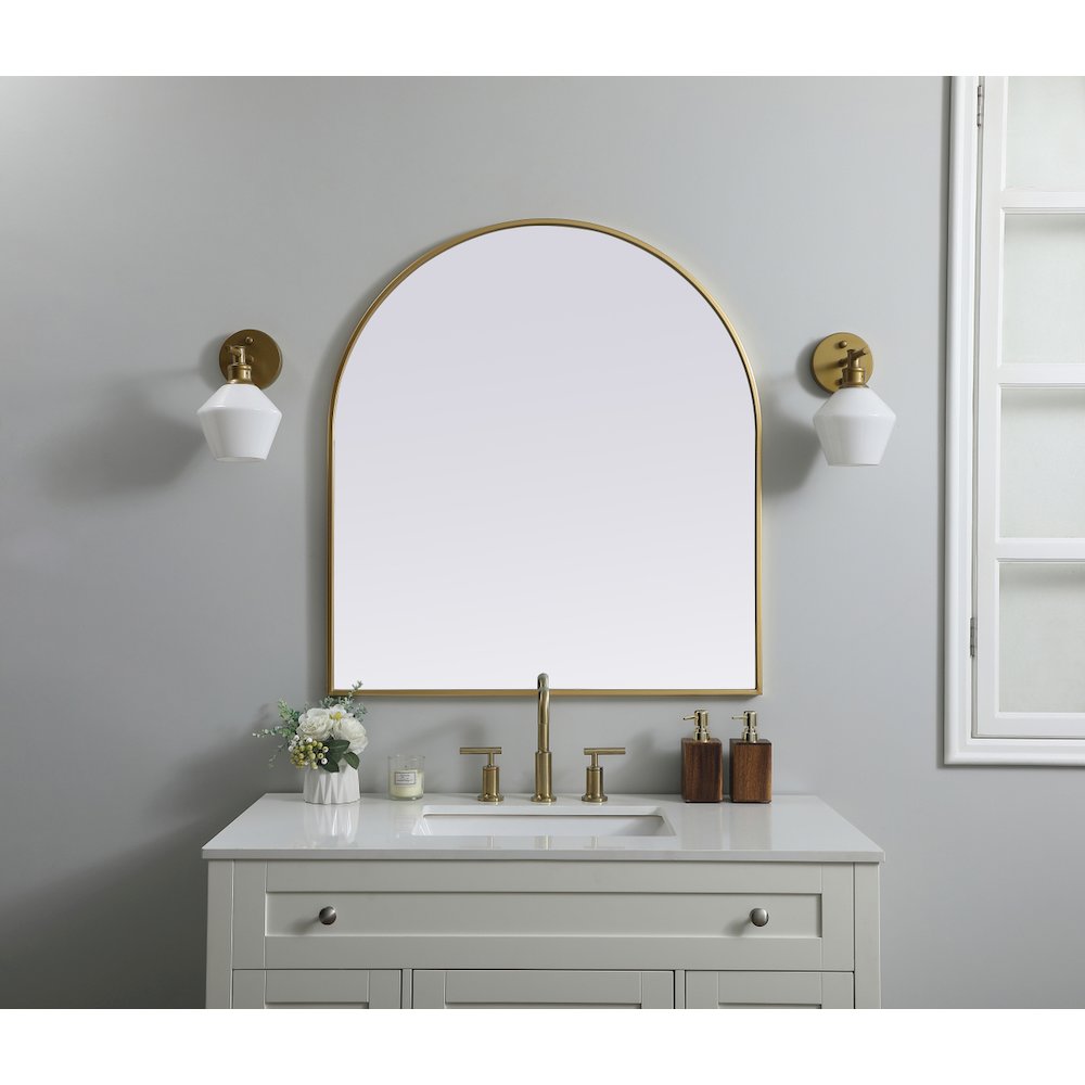 Metal Frame Arch Mirror 33x36 Inch in Brass
