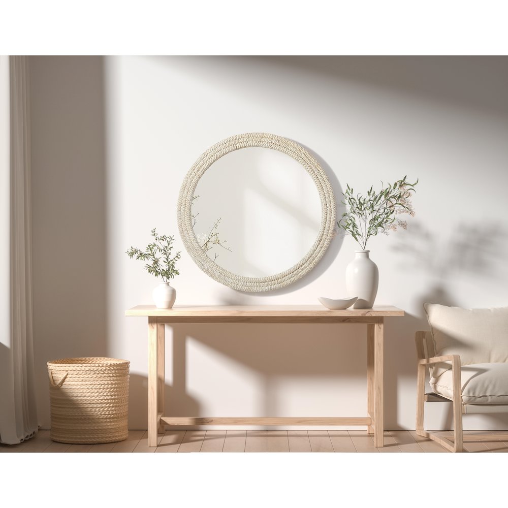 Round Cornhusk Mirror 42x42 in Linen White
