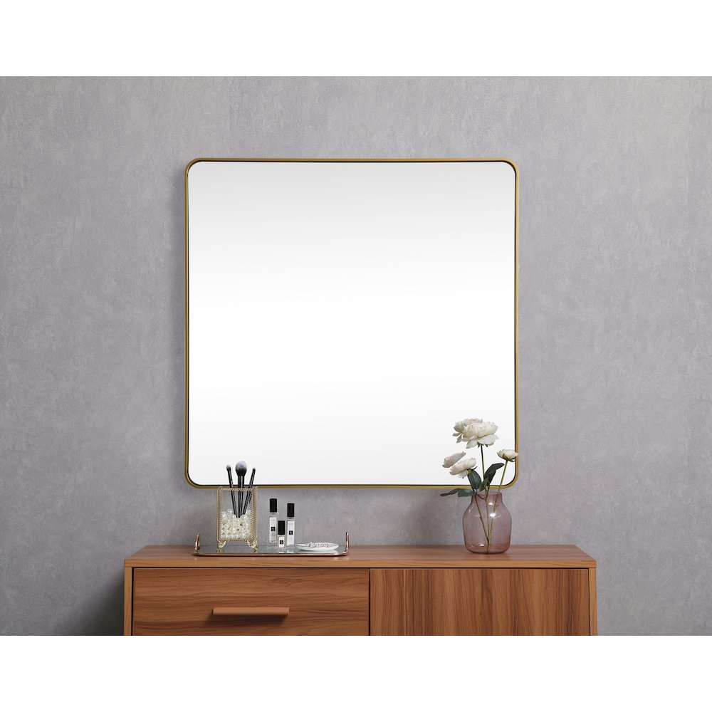 Soft corner metal square mirror 42x42 inch in Brass