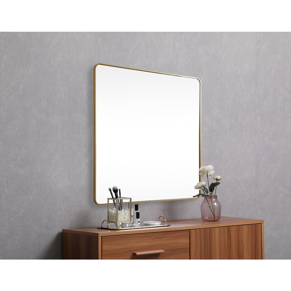 Soft corner metal square mirror 42x42 inch in Brass
